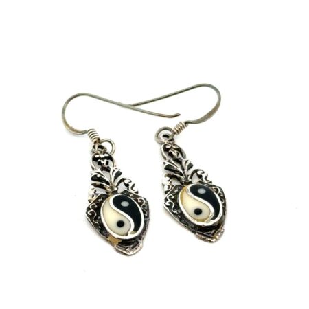 .925 Sterling Silver Black + White Enamel Ying Yang Symbol Drop Earrings, 2.4g