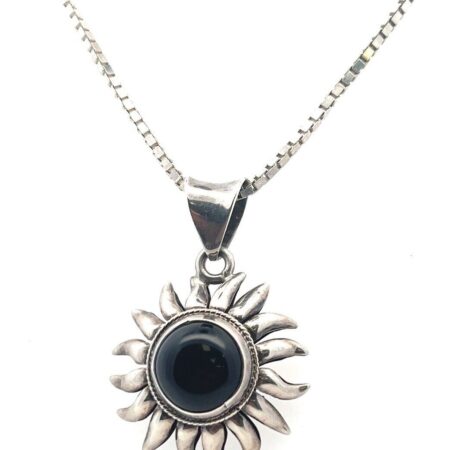 18” 2mm 925 Sterling Silver Box Chain With 925 SS Black Onyx Sun Pendant 30.4g