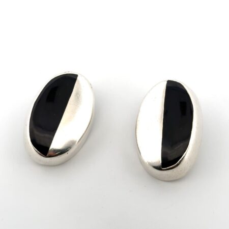 Taxco Mexico 925 Sterling Silver Onyx Inlay Clip-On Earrings 21.5g