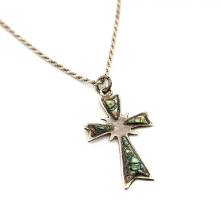 24” Taxco Mexico 925 Sterling Silver Abalone Cross Pendant Rope Necklace 10.4g