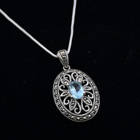 20” - 925 Sterling Silver Blue Topaz & Marcasite Filigree Pendant Necklace 5.7g