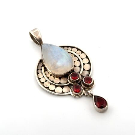 925 Sterling Silver Teardrop Moonstone & Garnet Pendant 8.9g