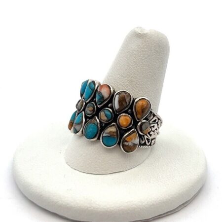Philippines 925 Sterling Silver Multi-Gemstone Turquoise & Coral Ring Size: 10