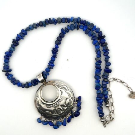 Q.T. Blue Lapis Chips 15" Necklace w/ Sterling Silver Southwestern Pendant 28.3g