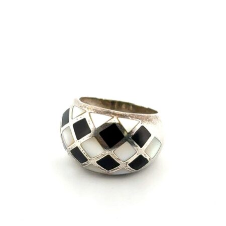 Size: 6 Thailand 925 Sterling Silver Onyx & Mother of Pearl Checkerboard Ring