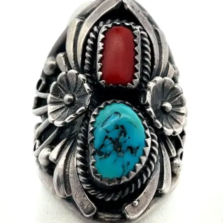 Vintage 925 Sterling Silver Navajo Ring w/ Turquoise & Red Coral 12.6 Gr Size: 8