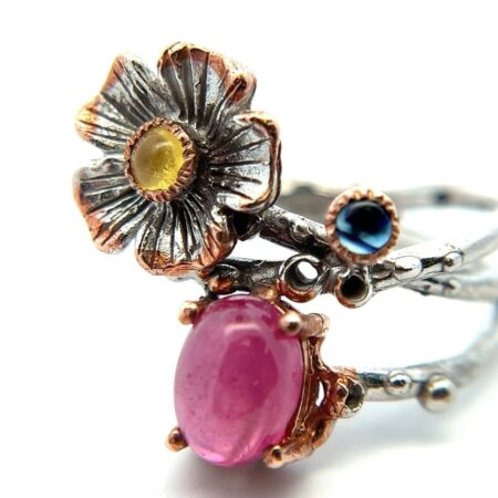 925 Sterling Silver Lab-Created Ruby Cabochon & Topaz Cocktail Ring Size: 7