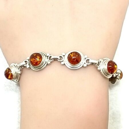 925 Sterling Silver 7mm Round Baltic Amber 7.25" Bracelet 15.5 Grams