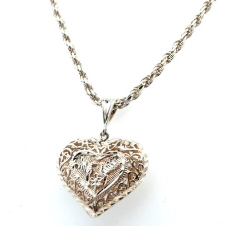 30” 925 Sterling Silver Chain w/ Filigree Puffy Heart & Doves Pendant 44.3g