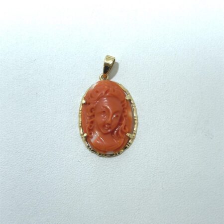Red Coral Cameo w/ 14k YG Bamboo Style Bezel and Bail  Pendant