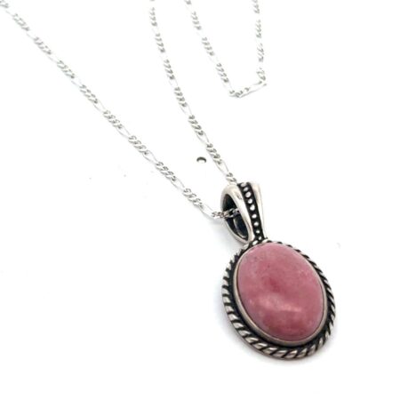 16” .925 Sterling Silver Oval Pink Rhodonite Pendant Necklace, 7.1g