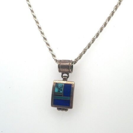 23” Native American Blue Inlay Pendant Necklace - 925 Sterling Silver - 16.6g
