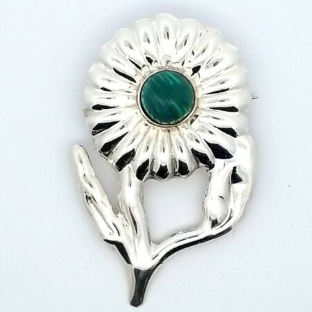 Vintage Sterling Silver & Malachite Flower Brooch/Pin Signed Mexico 11.3 Grams