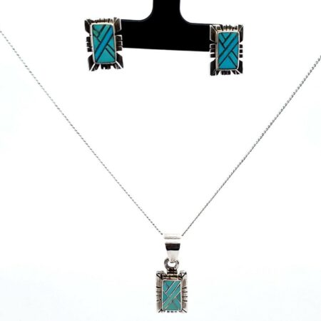 Signed JS Sterling Silver 18" Chain And Turquoise Pendant With Matching Earrings