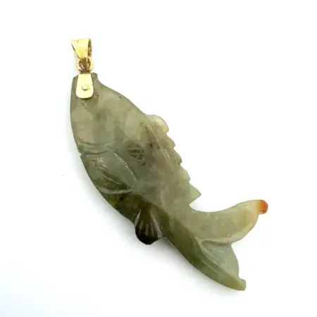 Carved Green Jade Fish Pendant w/ 14k Yellow Gold Bail 5g