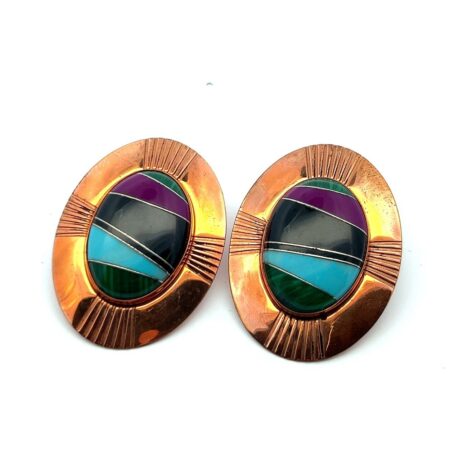 Zuni Copper Multi-Gemstones Inlay Earrings 15.2g