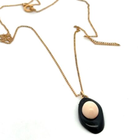 18” Vintage Onyx & Angel Skin Coral 12k Gold Filled Necklace Pendant, 1.8g