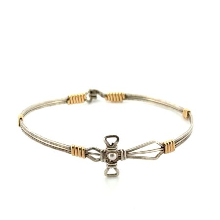 6.5” Jesus Loves Me 925 Sterling Silver & Gold Fill Wire Pearl Cross Bracelet