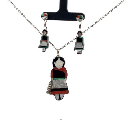 Sterling Silver Zuni Pendant and Earrings - Lady in Dress - 14.6 Grams