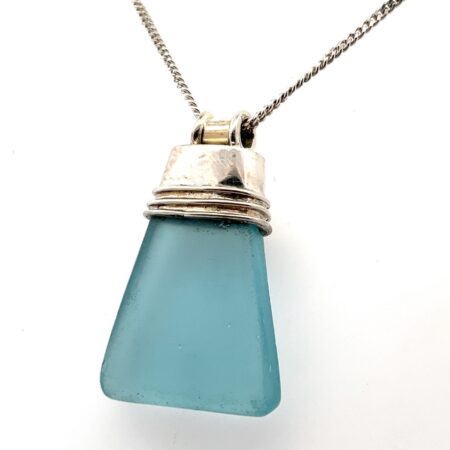 18” 925 Sterling Silver Sea Glass Pendant Micro Cuban Link Necklace 26.8g