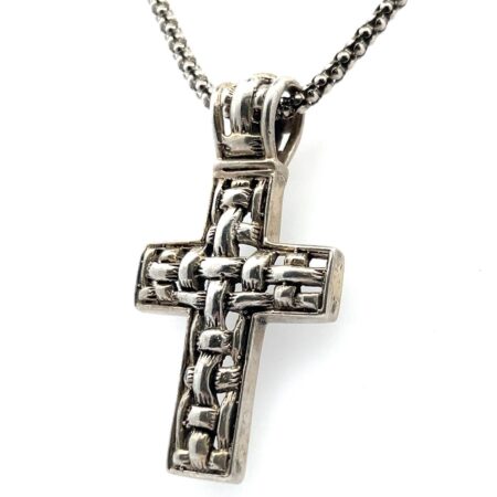18” 925 Sterling Silver Basket Weave Cross Pendant on Popcorn Chain 19.6g