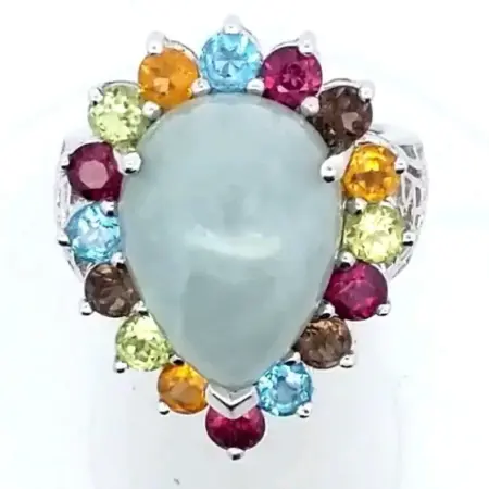 EA Sterling Silver Pear-Shaped Jade & Multi-Gemstone Ring 13.6 Grams Size-7