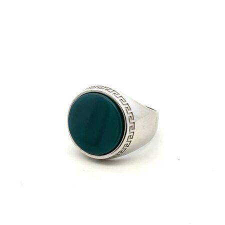 .925 Sterling Silver Greek Key Design w/ Round Green Onyx Size - 8.75, 9.5g