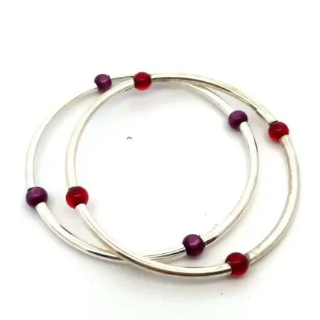 Pair of Italy 925 Sterling Silver Purple & Red Flexible Bangle Bracelets 13.9g