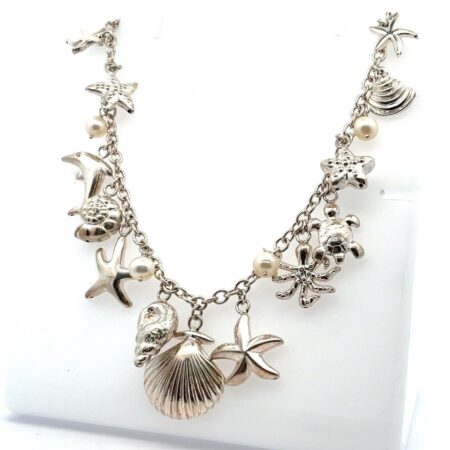 18” JCM Mauritius 925 Sterling "Sea Beach Life" Drop Pearl Charm Necklace 29.6g