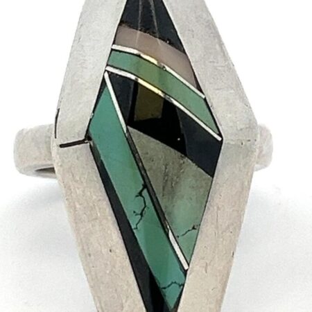 Herbert Cayatinito Navajo Turquoise & Onyx Inlay Sterling Silver Ring Size-6