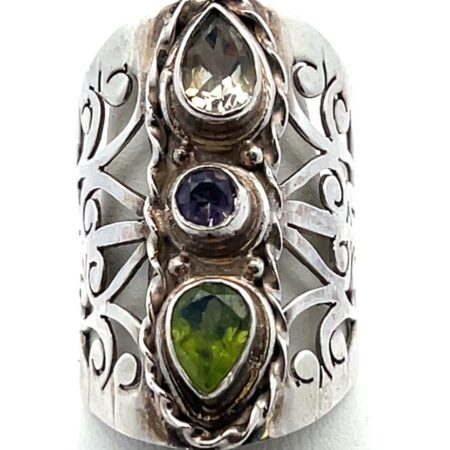 Sterling Silver Peridot, Amethyst, Citrine Stone Open Scroll Work Ring 7.5Gr S-8