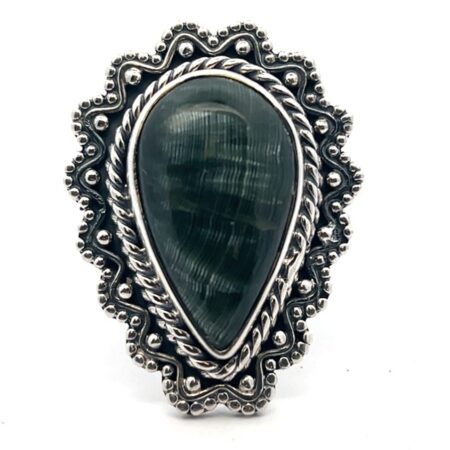 925 Sterling Silver Pear Shaped Green Seraphinite Ring  10.3 Grams Size-9