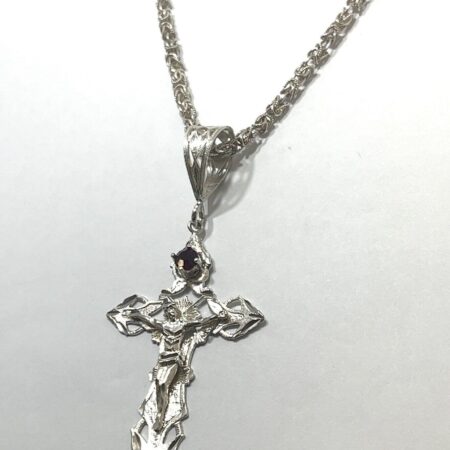 925 Sterling Silver 24” Byzantine Chain W/ Large Crucifix with Synthetic Ruby
