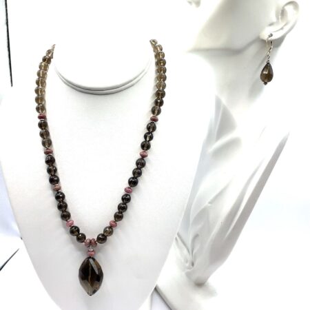 Sally C Treasures Smoky Quartz and Rhodolite Bead Necklace and Earring Set