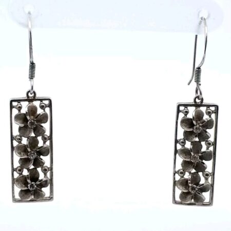 Vintage 925 Sterling Silver & Cubic Zirconia Flower Dangle Earrings 3.7 Grams