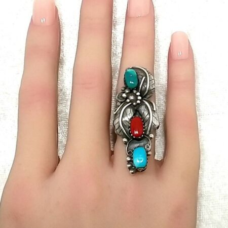 Southwest Native American Turquoise & Coral Sterling Silver Ring Size-5 1/4
