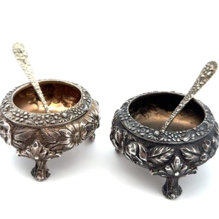 Stieff 925 Sterling Silver Rose Repousse Pair Open Salts w/Spoons, 138.6g