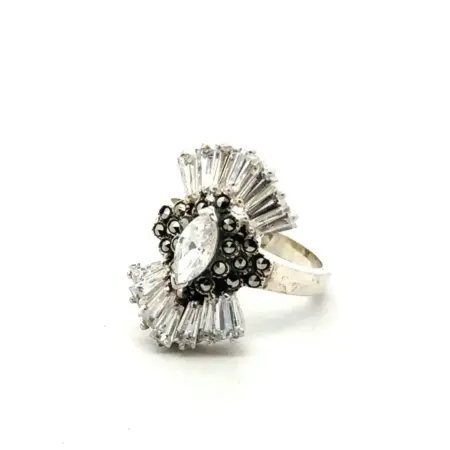 .925 Sterling Silver Marquis & Baguette CZ & Marcasite Ring, Size-7.5 6.6g
