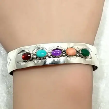 Vintage Sterling Silver Multi-Gemstone Cuff Bracelet Signed DTR - 6.5" Wrist