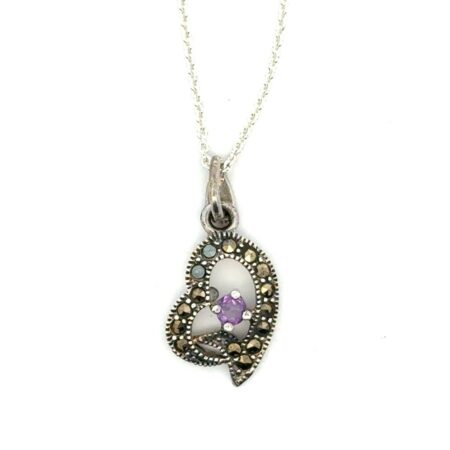 16”+2” 925 Sterling Silver Amethyst & Marcsdite Heart Pendant Necklace, 3.2g