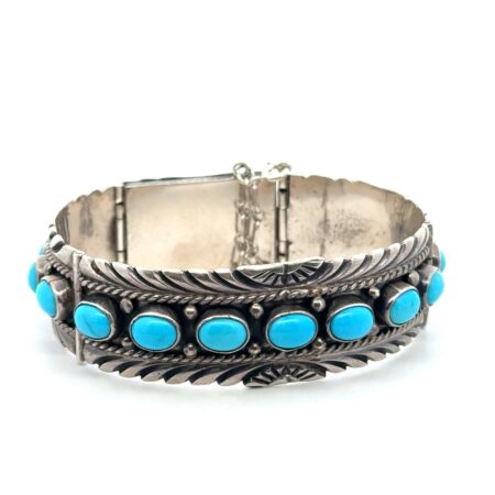 Mark Aggie .925 Sterling Silver Turquoise Panel Bracelet, 54.2g Fits 6.75” Wrist