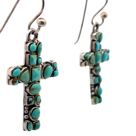 Vintage .925 Sterling Silver Turquoise Cross Dangle Earrings 6.2g