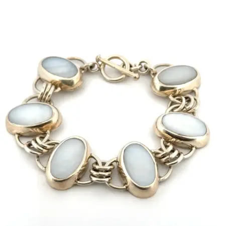 6.5” Mother of Pearl Link 925 Sterling Silver Toggle Clasp Bracelet 39.6g