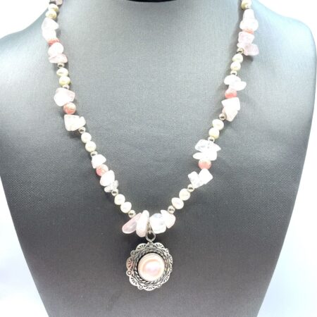 Carolyn Pollack Rose Quartz, Pearl & Mother of Pearl Pendant Necklace 18+4 Inch