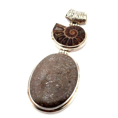 925 Sterling Silver Madagascar Ammonite Fossil & Stingray Coral Pendant 28.6g