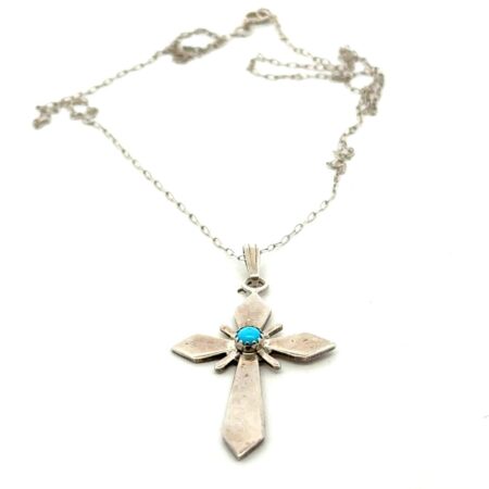 20” .935 Sterling Silver Turquoise Cross Pendant Necklace, Marked Toledo, 3.8g