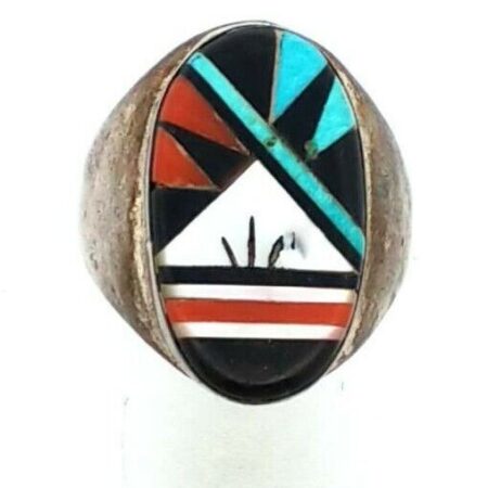 Zuni Inlaid Multistone Ring 925 Sterling Silver MOP Onyx Turquoise Coral Sz 12.5
