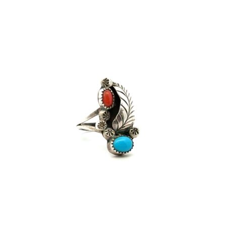 Vtg. Native American 925 Sterling Silver Turquoise & Coral Ring Size 6, 4.5g