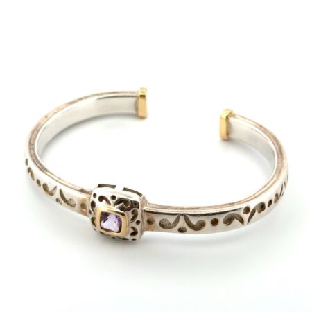 6” Amethyst 925 Sterling Silver & 18k Yellow Gold Cuff Bracelet 9.2g