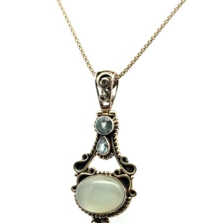 16” .925 Sterling Silver Blue Topaz & Chalcedony Pendant Necklace, 12.8g